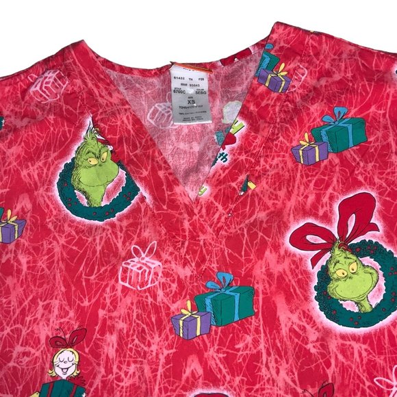 Dr Seuss Grinch 50th Birthday Nurse Scrub Christmas Medical Top Size XS - Picture 6 of 10